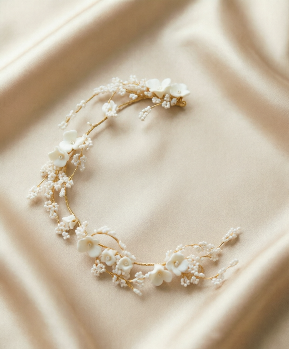 YINIW | Handmade Seed Bead Floral Bridal Headband with Pearl Firework Earrings Set