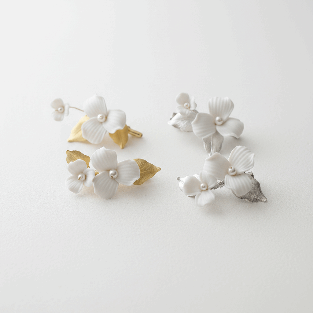 FLORA bridal hair set showing both gold and silver porcelain flower and leaf options
