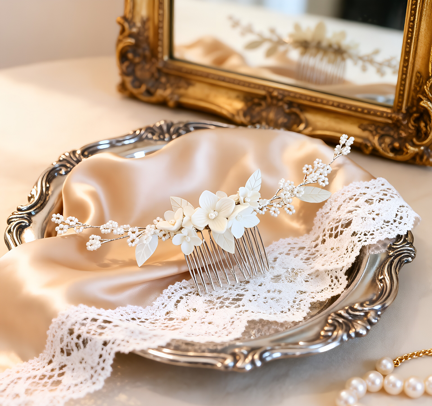 NINA | Handmade Ceramic Flower Beaded Bridal Hair Comb