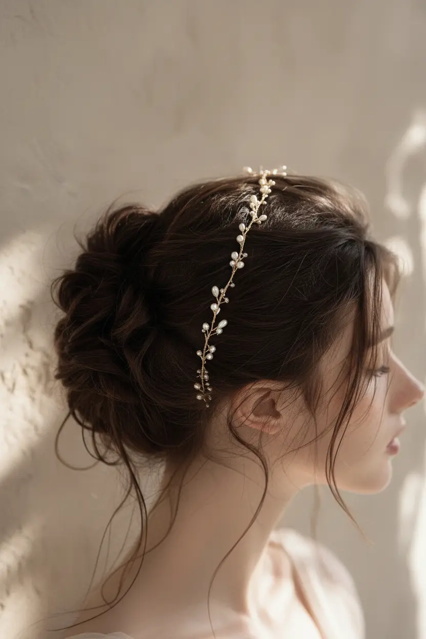 Bride wearing delicate pearl and gold wire wedding crown in side profile, showcasing lightweight adjustable bridal headpiece