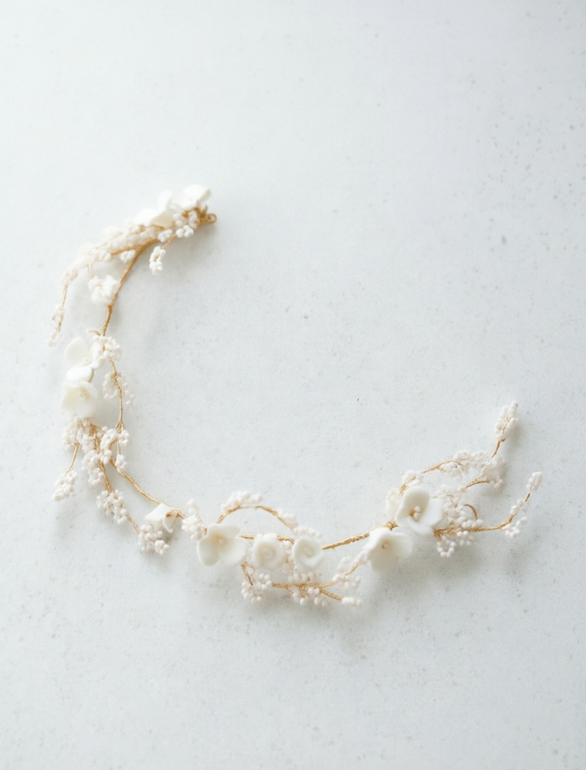 YINIW | Handmade Seed Bead Floral Bridal Headband with Pearl Firework Earrings Set