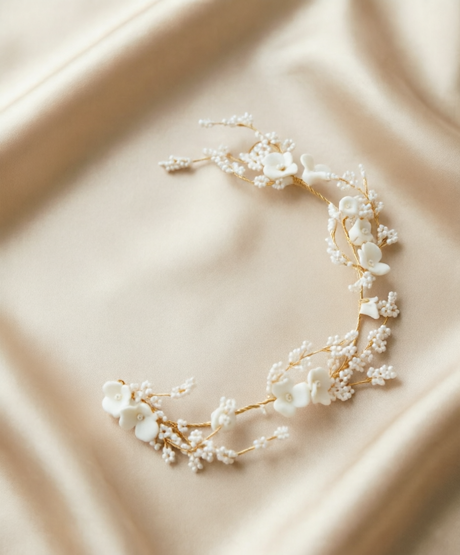 YINIW | Handmade Seed Bead Floral Bridal Headband with Pearl Firework Earrings Set
