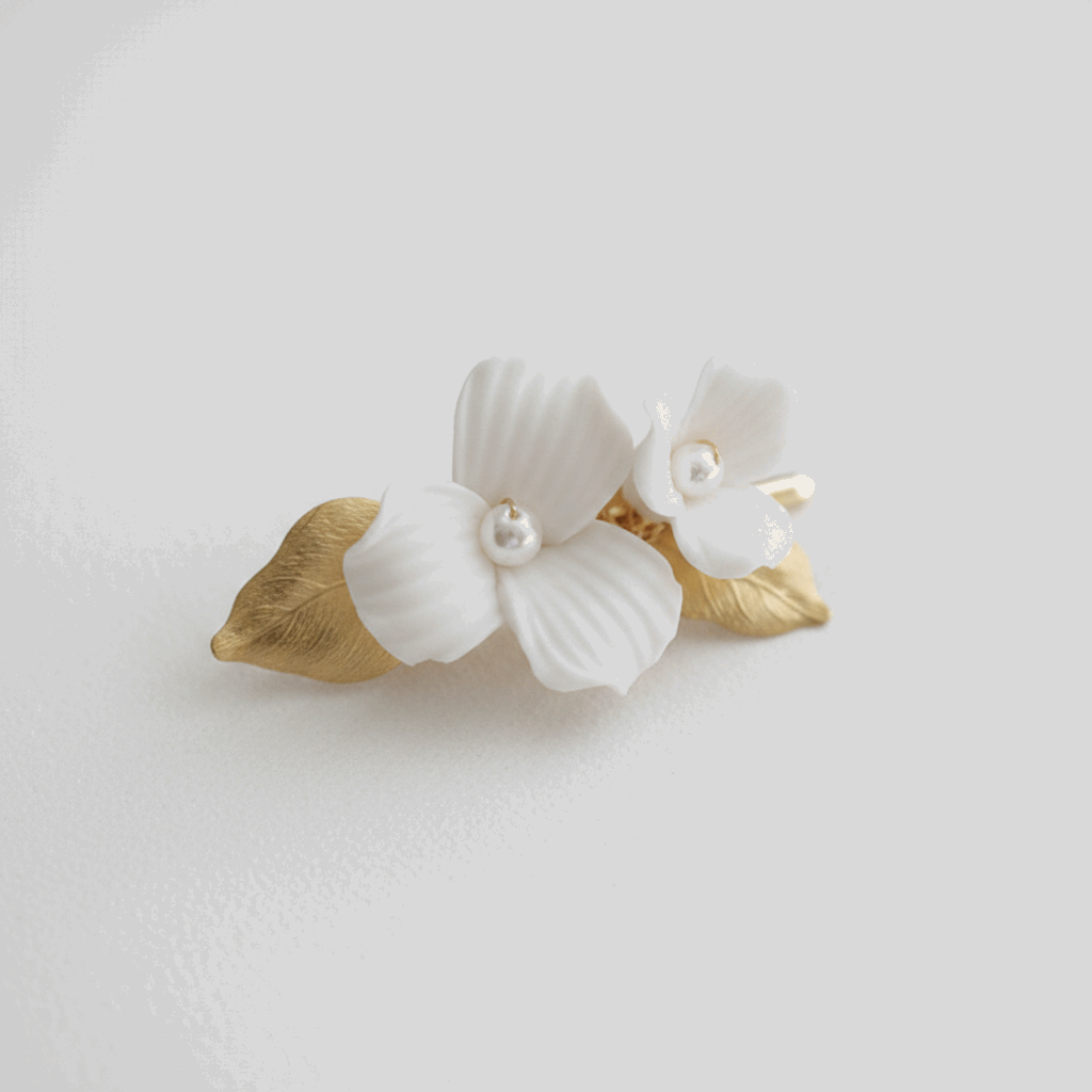 DIY porcelain blossom and leaf bridal hair set in gold finish with faux pearl centers