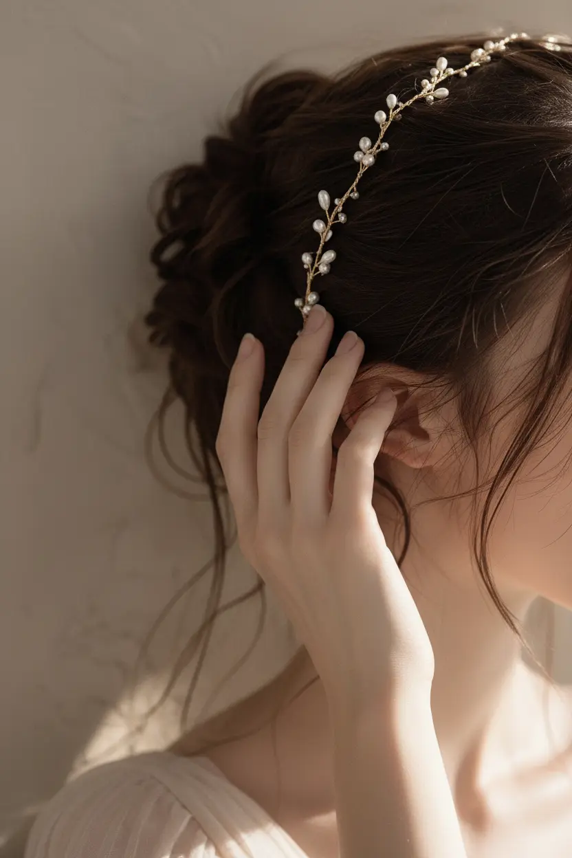 Close-up detail of freshwater pearls and twisted gold-plated wire on handmade bridal crown, showing intricate hand-wrapped craftsmanship