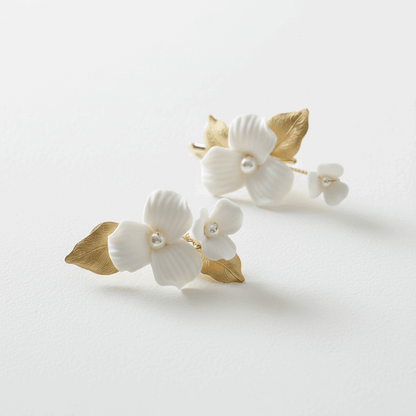 DIY porcelain blossom and leaf bridal hair set in gold finish with faux pearl centers