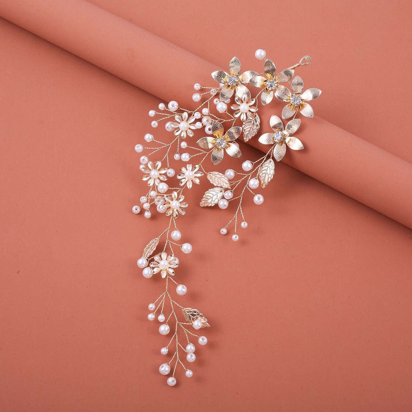 Pearl, Leaf and Crystal Wedding Bridal Hair Vine