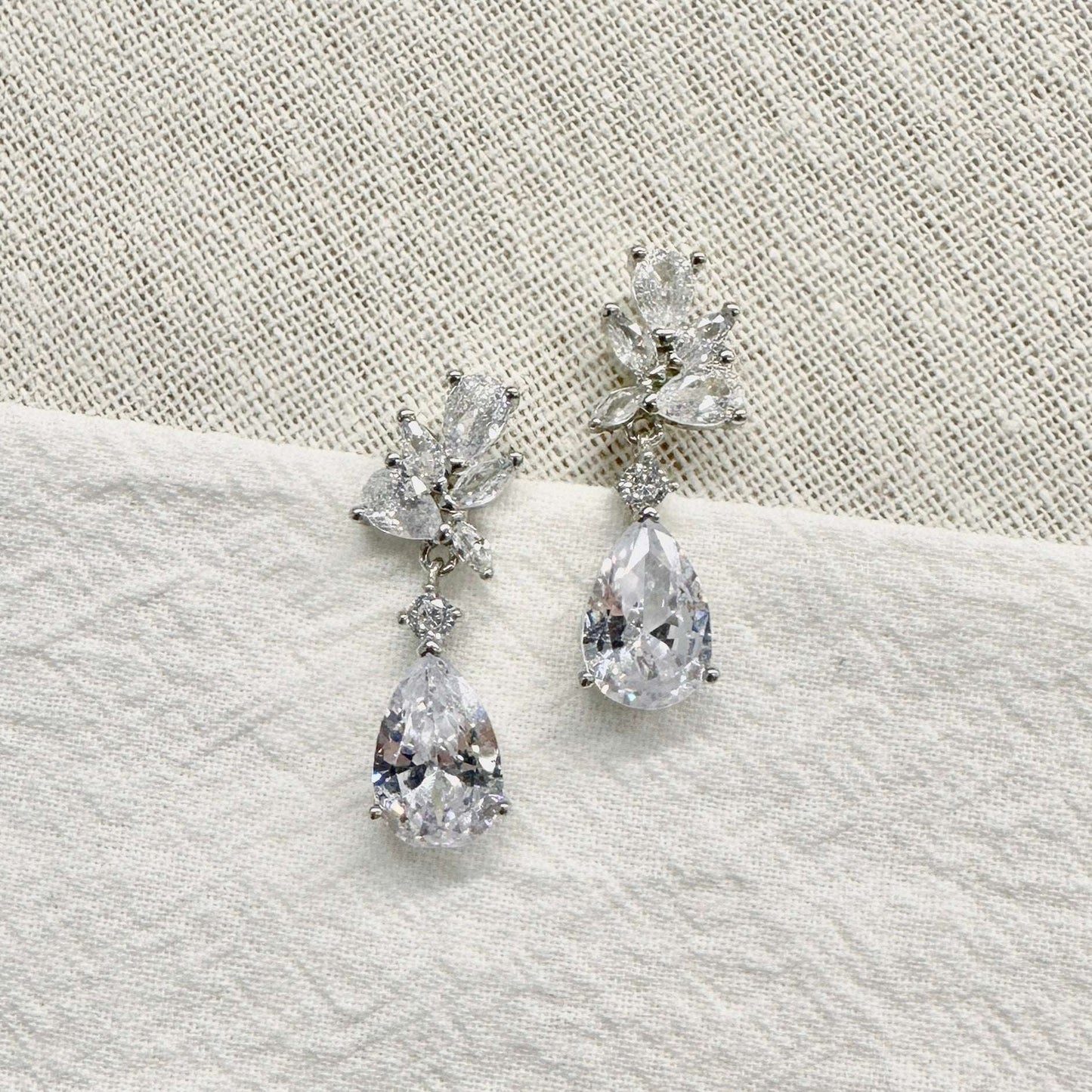 EVIE Dainty CZ Crystal Floral Bridal Drop Earrings | Silver | Wedding Jewellery UK