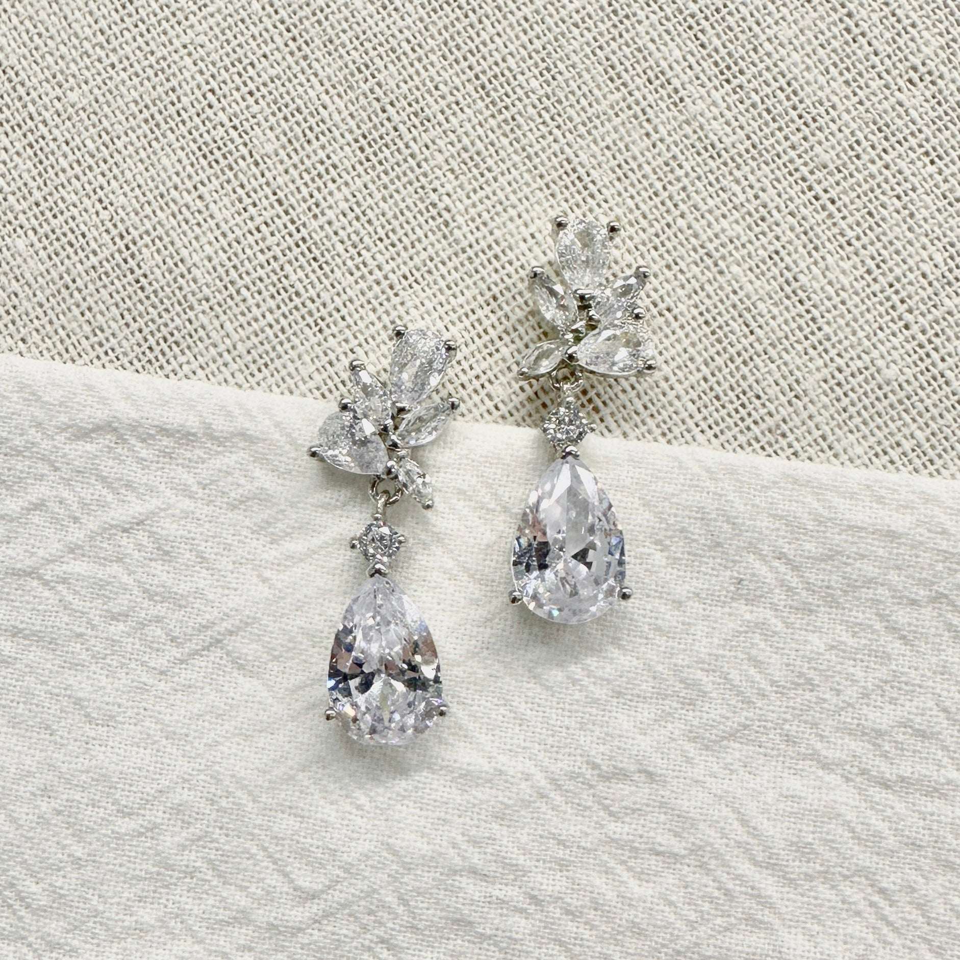 EVIE Dainty CZ Crystal Floral Bridal Drop Earrings | Silver | Wedding Jewellery UK