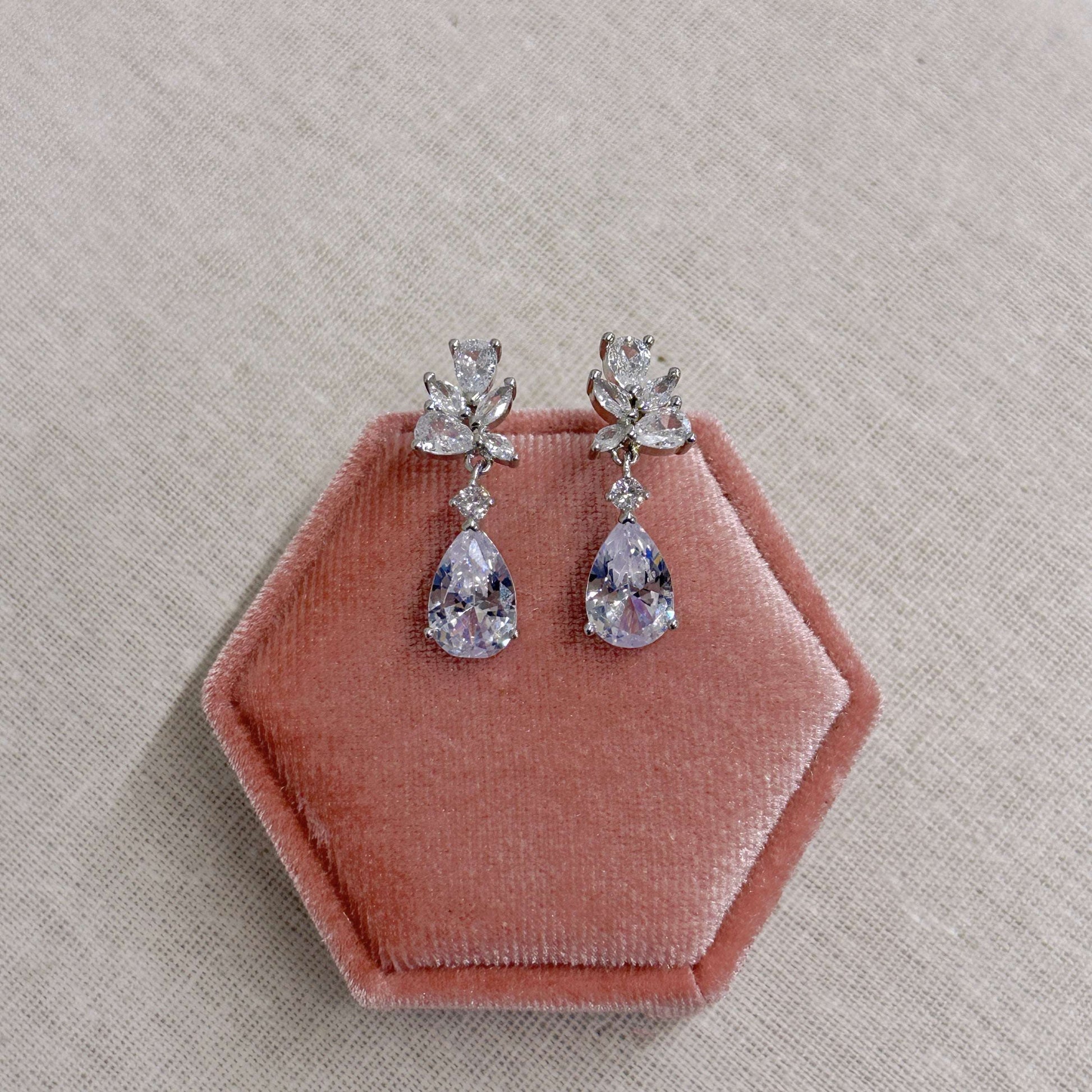 EVIE dainty drop earrings presented in a pink velvet jewellery box