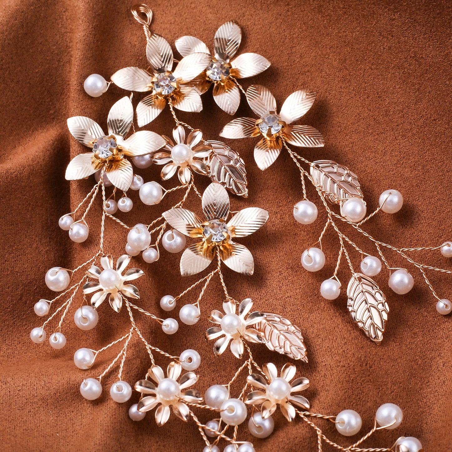 Perlen-, Blatt- und Kristall-Hochzeits-Brauthaarranke