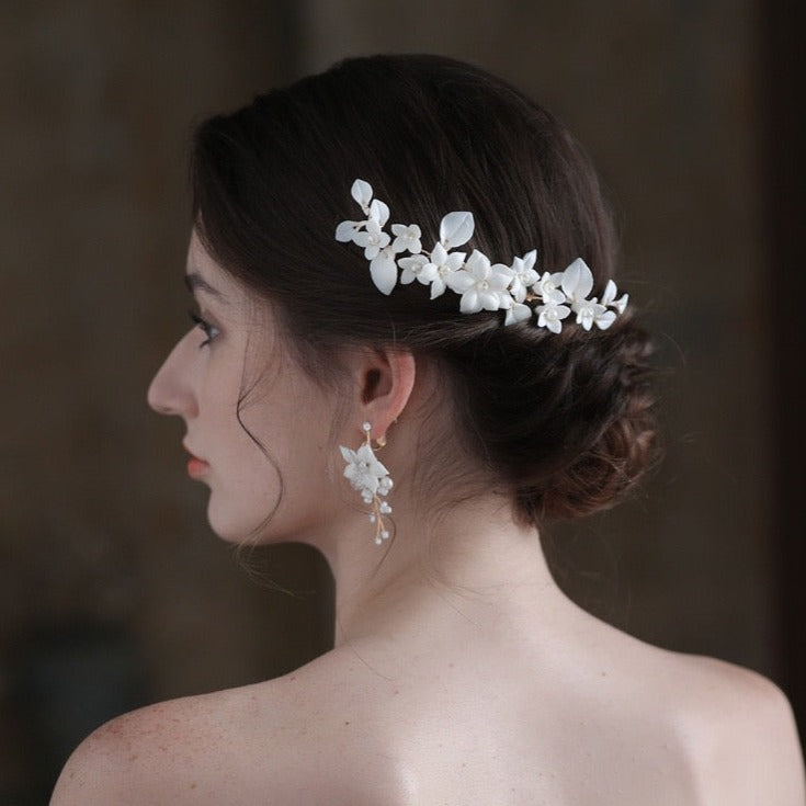 White Porcelain Floral Bridal Hair Comb