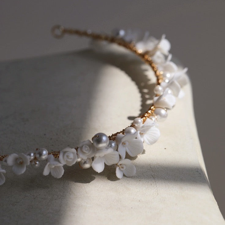 LUMINA | Delicate Porcelain White Floral Bridal Headband with Pearl