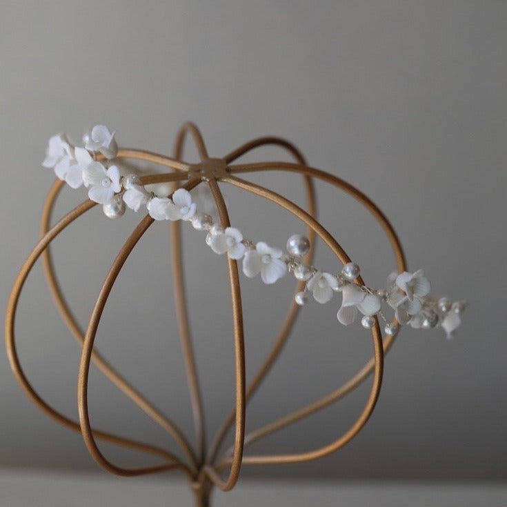 LUMINA | Delicate Porcelain White Floral Bridal Headband with Pearl