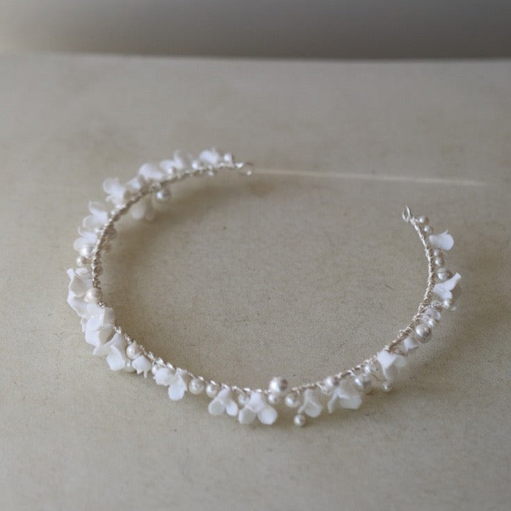 LUMINA | Delicate Porcelain White Floral Bridal Headband with Pearl