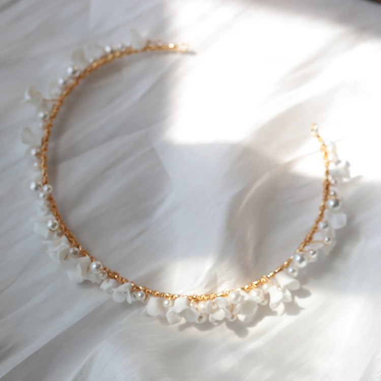 LUMINA | Delicate Porcelain White Floral Bridal Headband with Pearl