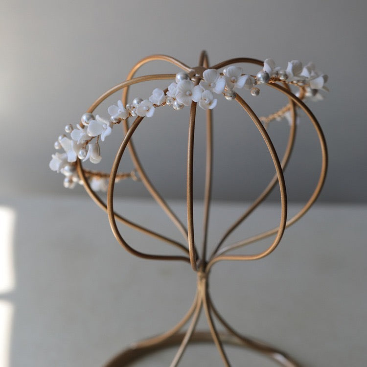 LUMINA | Delicate Porcelain White Floral Bridal Headband with Pearl