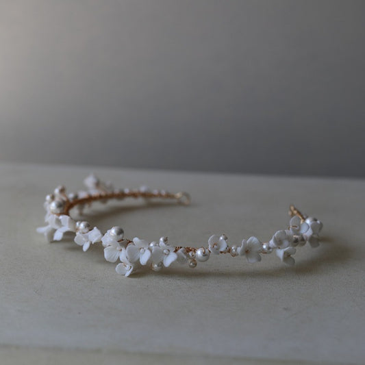 LUMINA | Delicate Porcelain White Floral Bridal Headband with Pearl