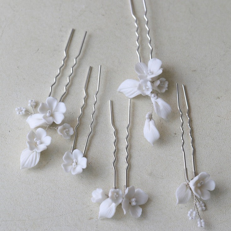 Set of 6 Delicate Pearl and Porcelain Floral Bridal Hairpin