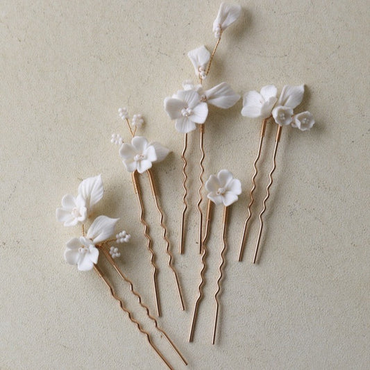 Set of 6 Delicate Pearl and Porcelain Floral Bridal Hairpin