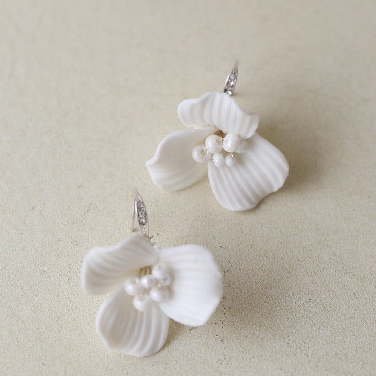 Delicate White Flower Bridal Earrings