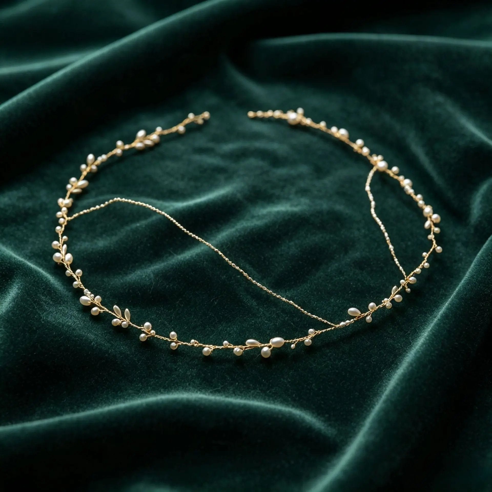 Full flat lay view of handmade pearl and gold wire wedding crown, showing adjustable wire construction and ivory pearl placement