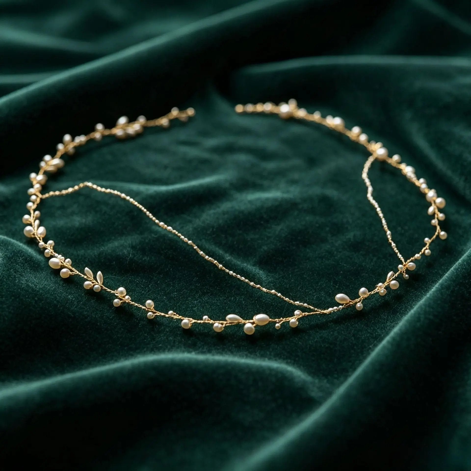 Full flat lay view of handmade pearl and gold wire wedding crown, showing adjustable wire construction and ivory pearl placement