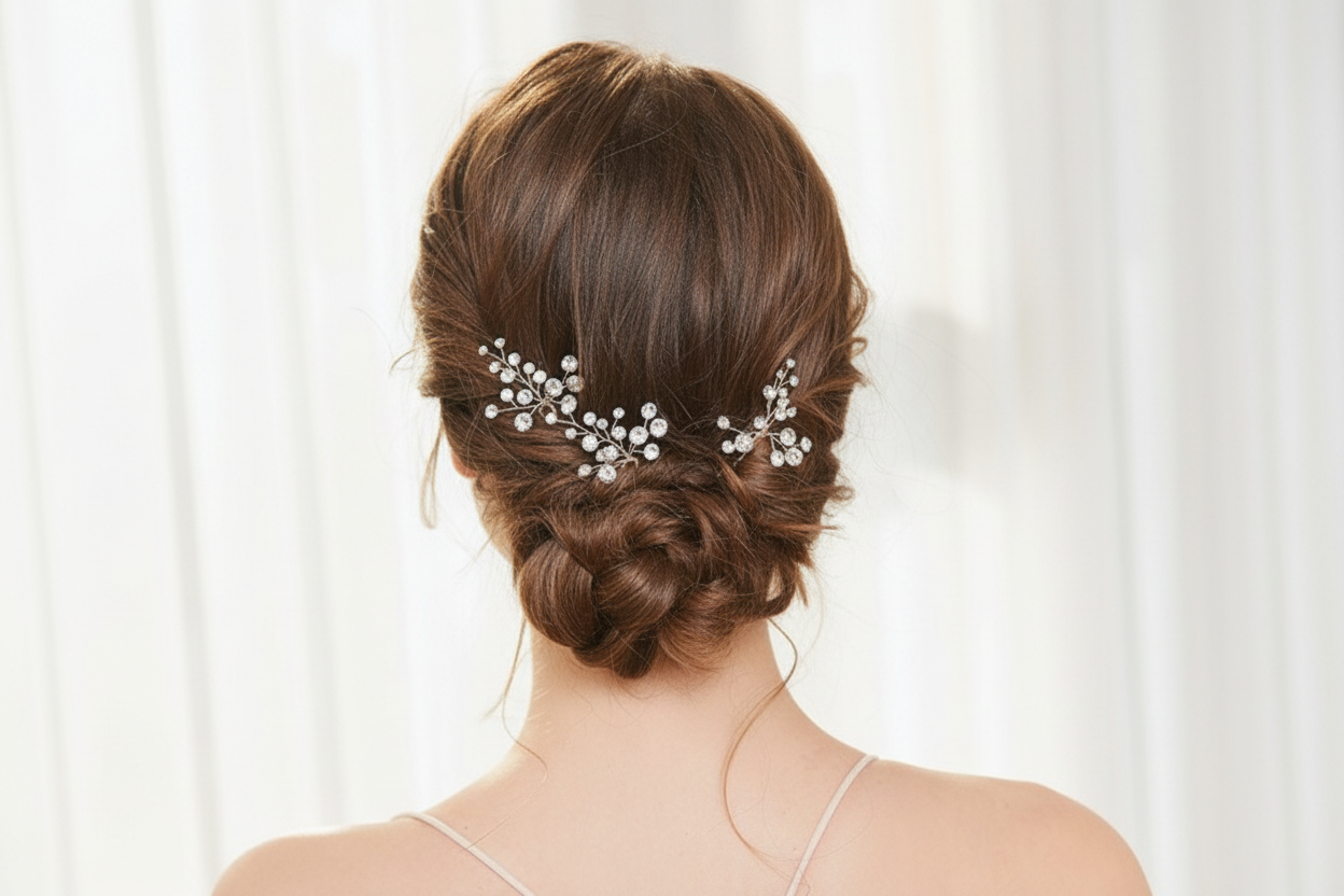 Model with a romantic braided updo wearing pearl hair accessories