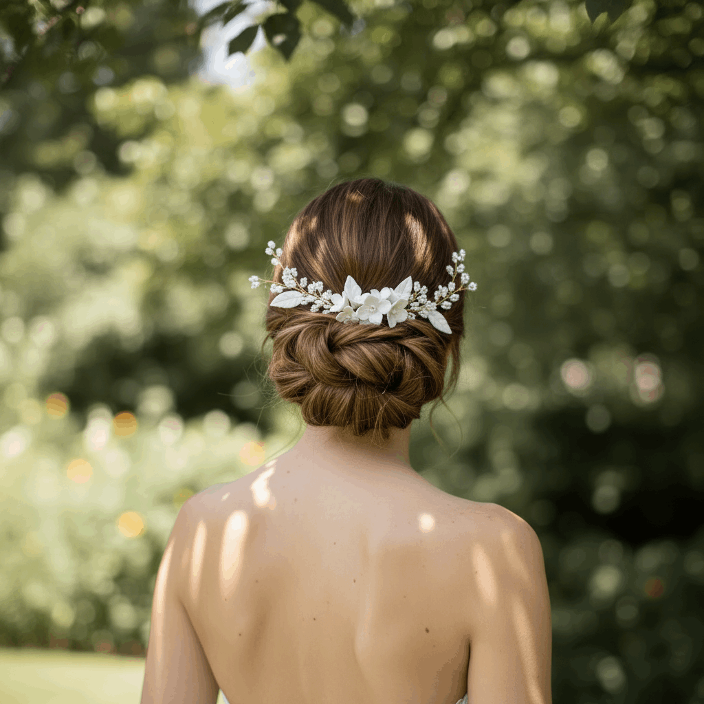 Bride wearing a white ceramic floral hair comb in an elegant half-up wedding hairstyle.