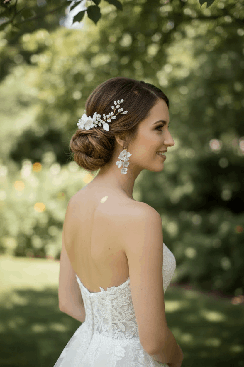 Bride wearing a white ceramic floral hair comb in an elegant half-up wedding hairstyle.