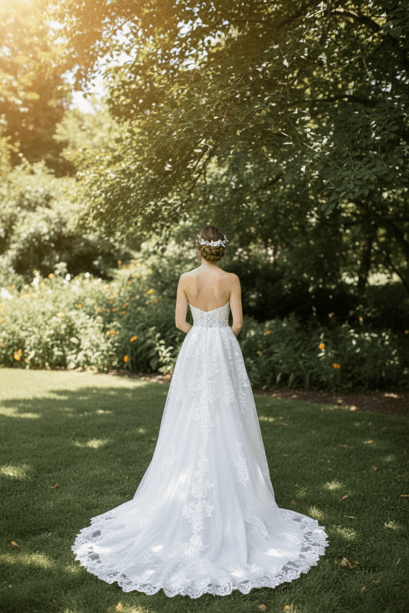 Bride wearing a white ceramic floral hair comb in an elegant half-up wedding hairstyle.