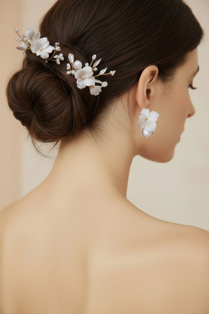 Bride wearing white porcelain flower pearl drop earrings with elegant updo and matching decorative hair pins