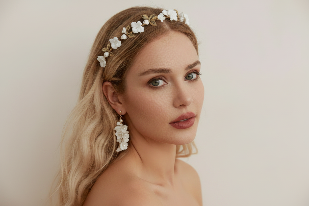 Bride wearing white porcelain flower headband with gold leaves wedding day