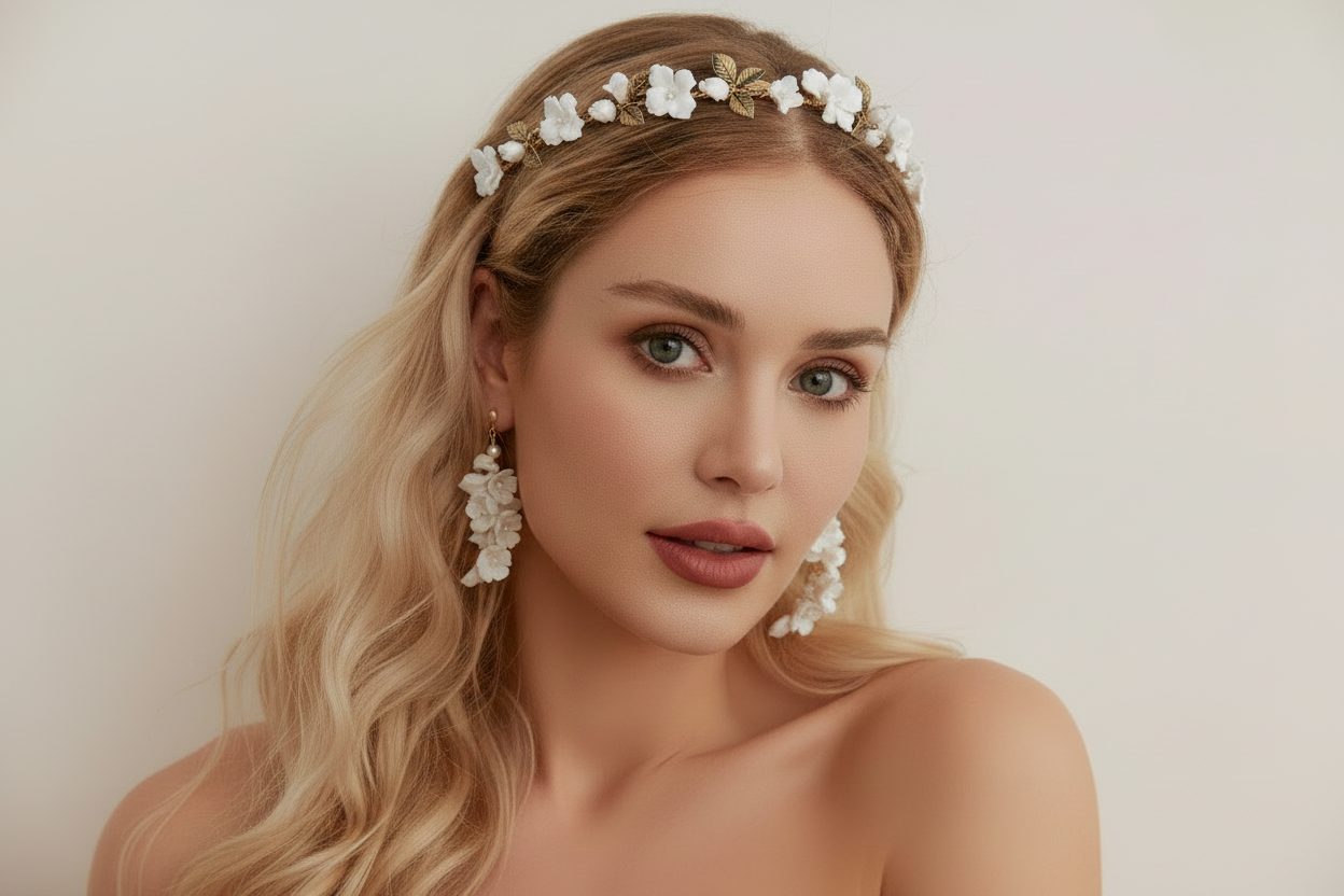 Bride wearing white porcelain flower headband with gold leaves wedding day