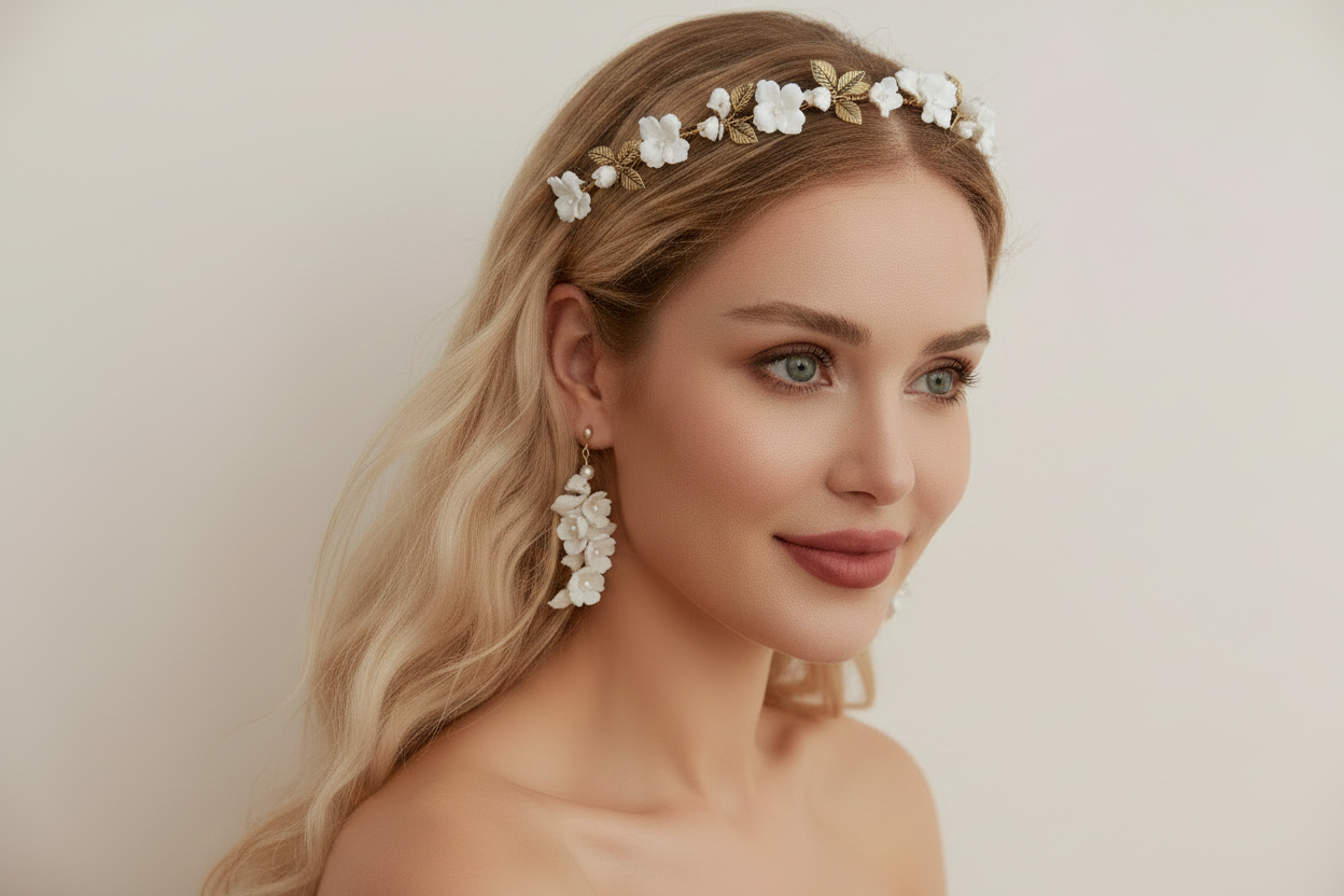 Bride wearing white porcelain flower headband with gold leaves wedding day