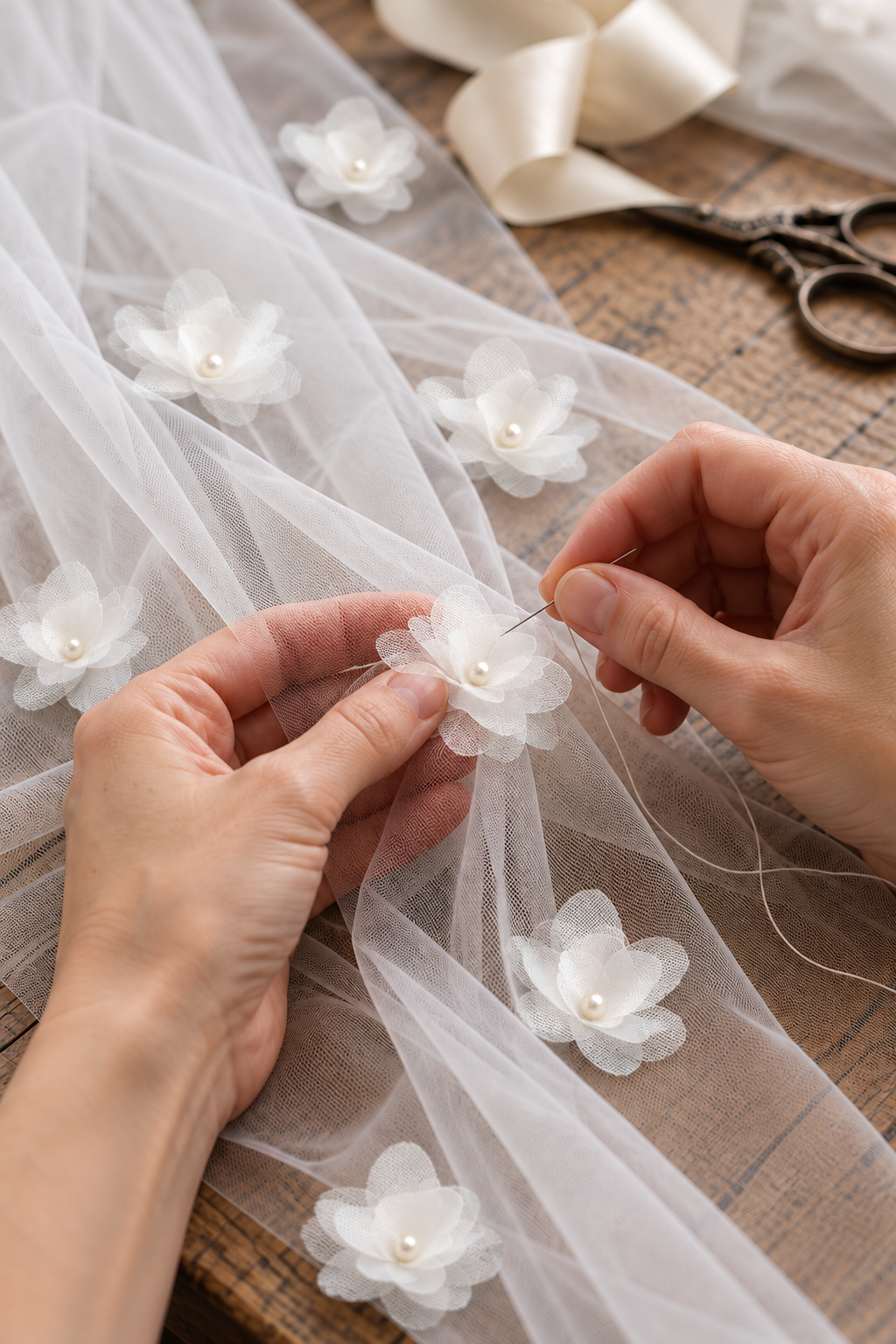 Close-up of layered white fabric flowers with pearl-like centres being stitched onto sheer tulle