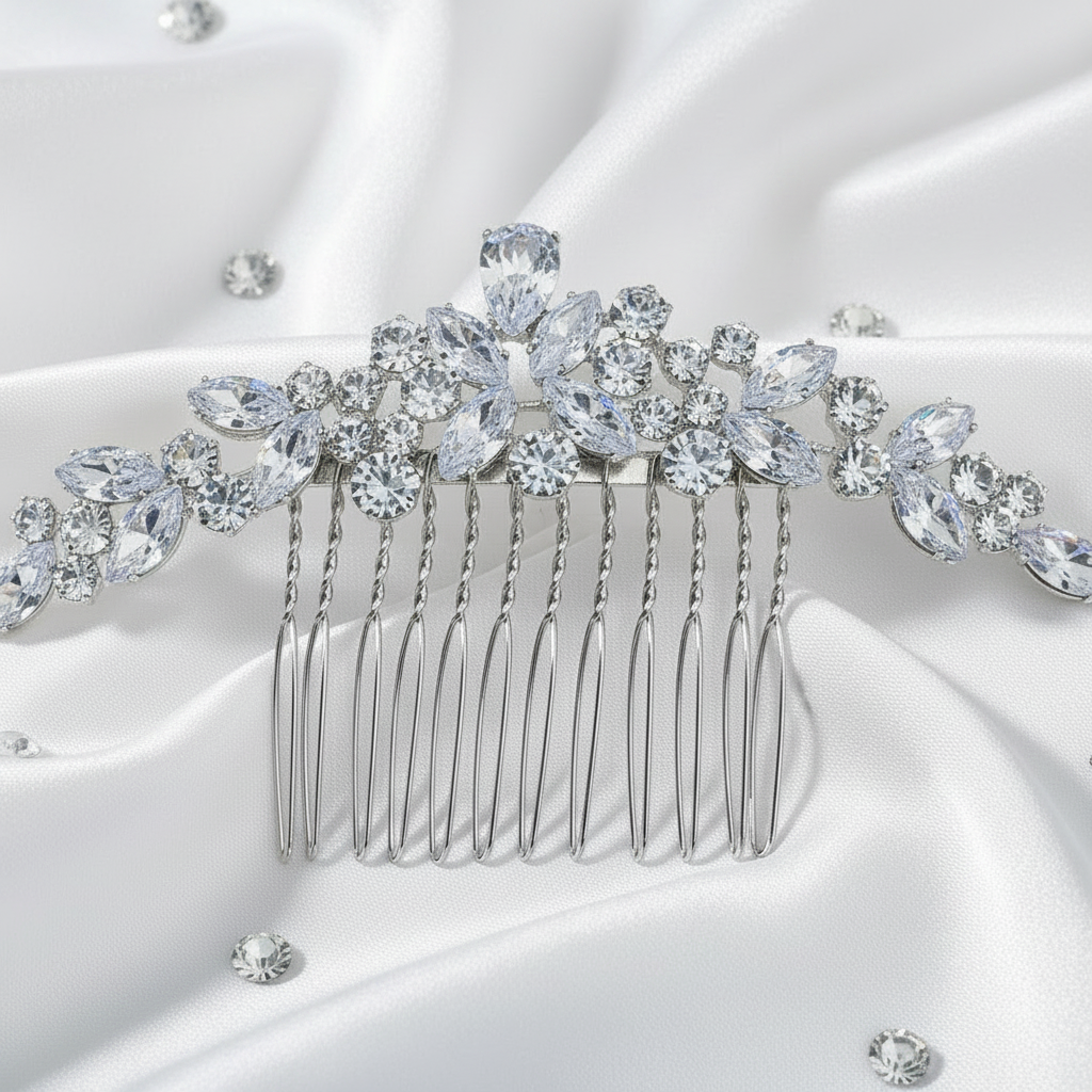 Close-up of a silver bridal hair comb with sparkling rhinestone crystals in a leaf design on a blue background