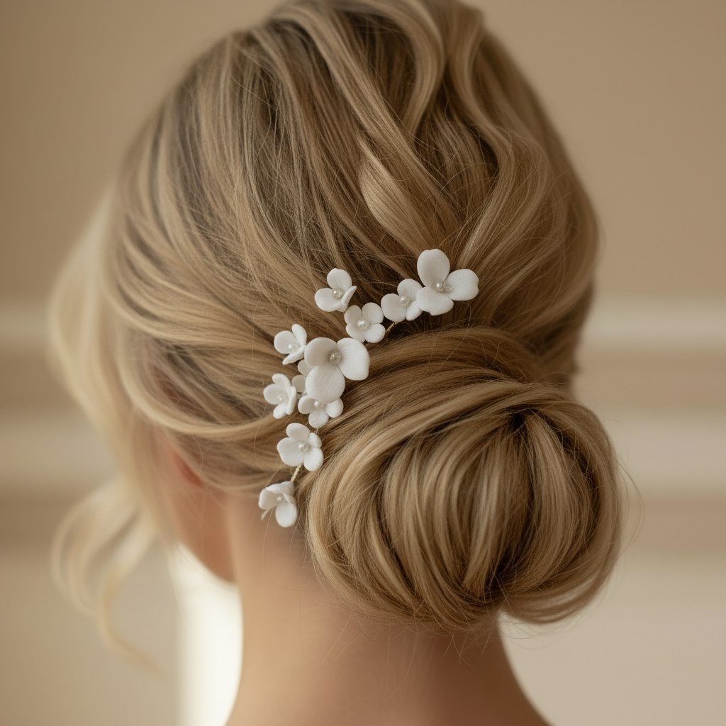 Model wearing the LILLIAN gold porcelain flower hairpin in a low bun