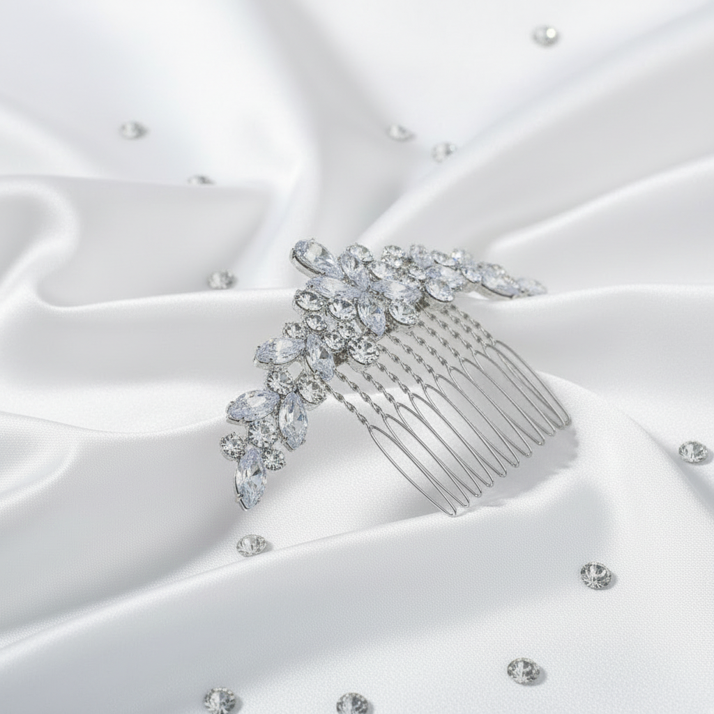 Side view of the crystal leaf bridal hair comb showing the twisted metal teeth