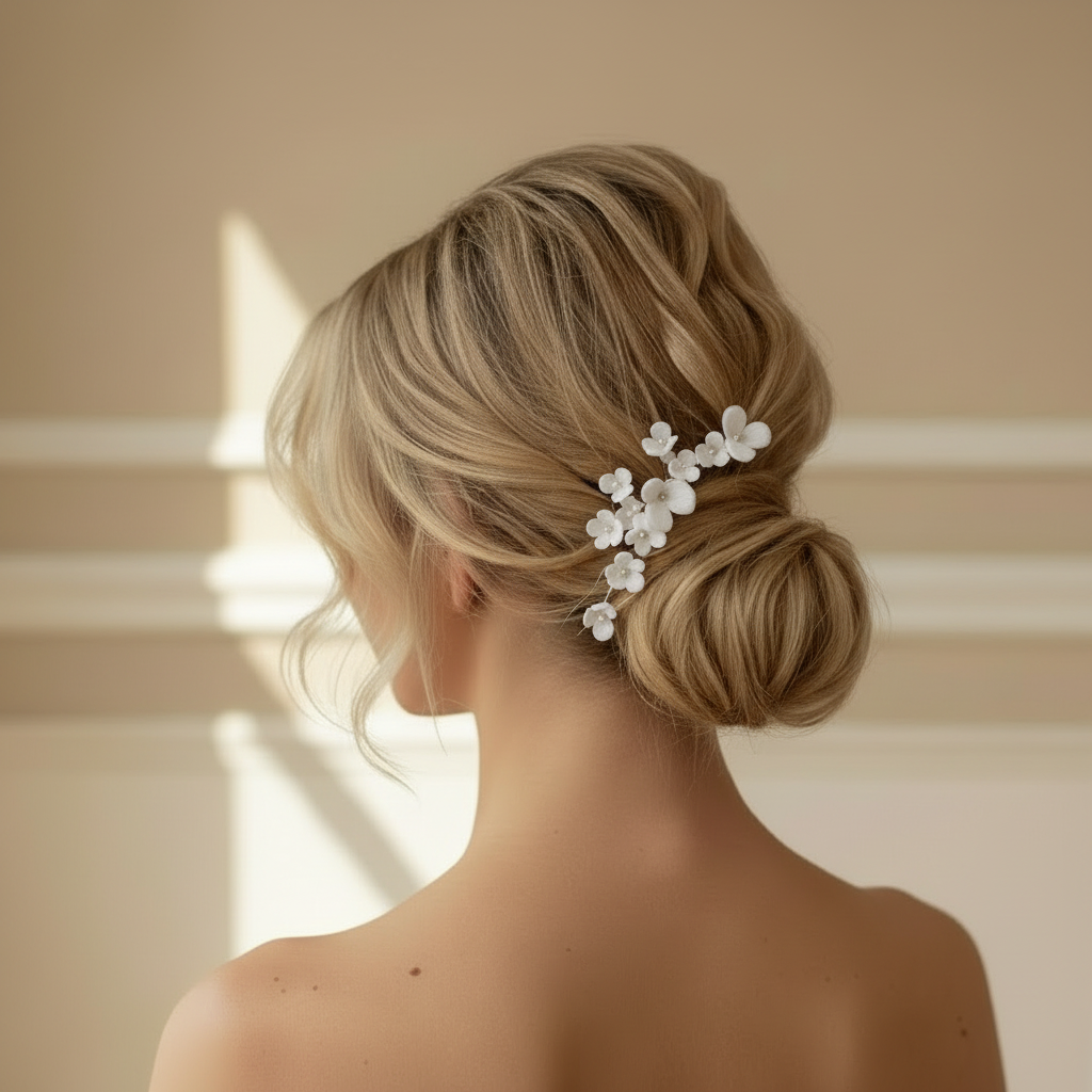 Model wearing the LILLIAN gold porcelain flower hairpin in a low bun