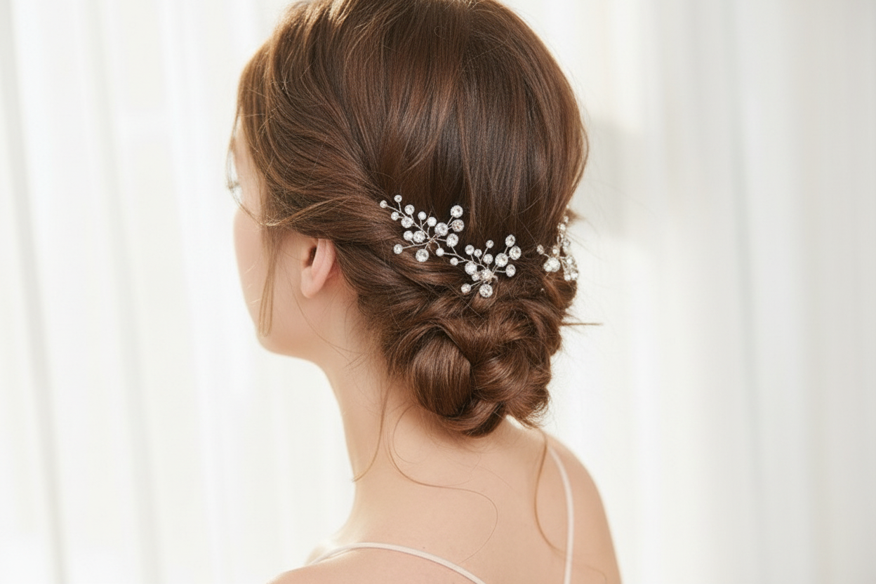 Side view of a bride wearing a delicate pearl hair pin