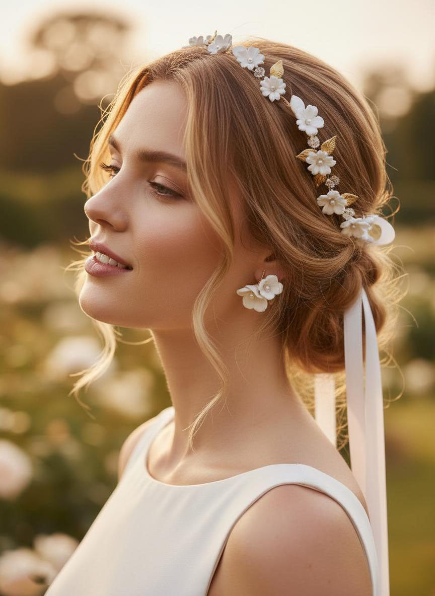 Bride wearing gold floral bridal jewelry set with pearl hair vine and white flower earrings for outdoor garden wedding