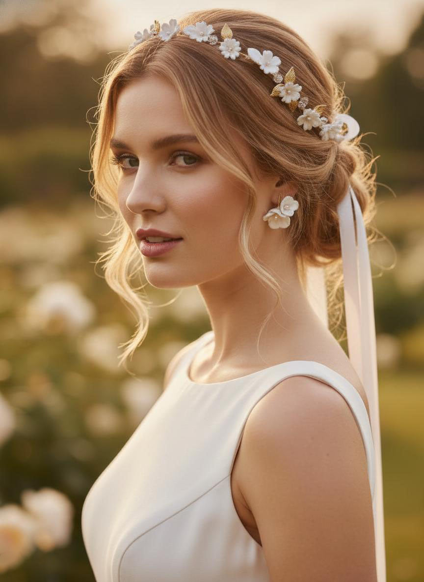 Bride wearing floral bridal jewelry set with flower earrings, pearl hair vine and matching bracelet for garden wedding