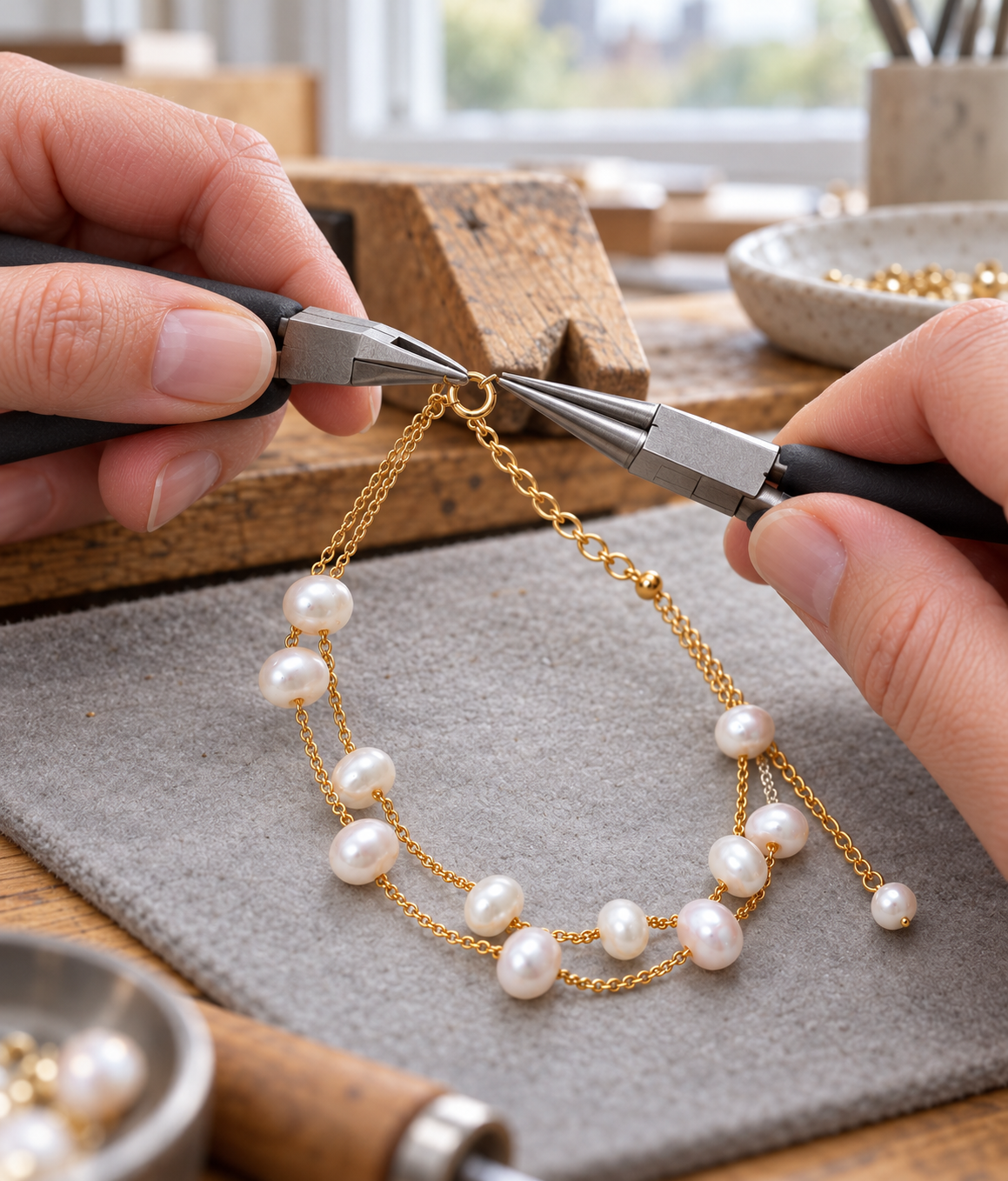 AI-generated illustration of pearl bracelet assembly using jewellery pliers