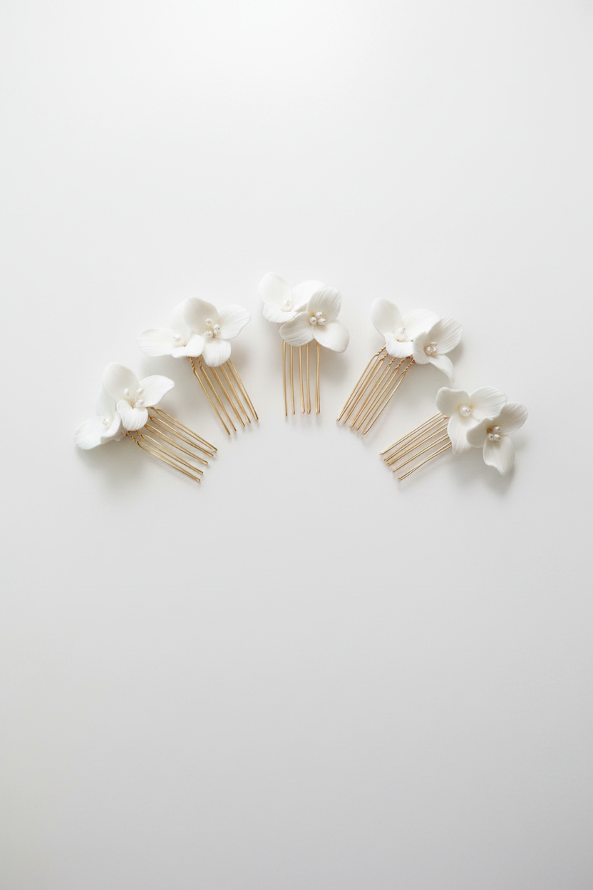 Ceramic flower bridal hair comb with matching earrings - white & gold
