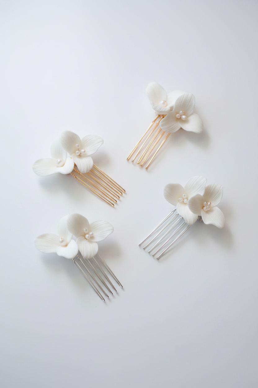 Ceramic flower bridal hair comb with matching earrings - white & gold