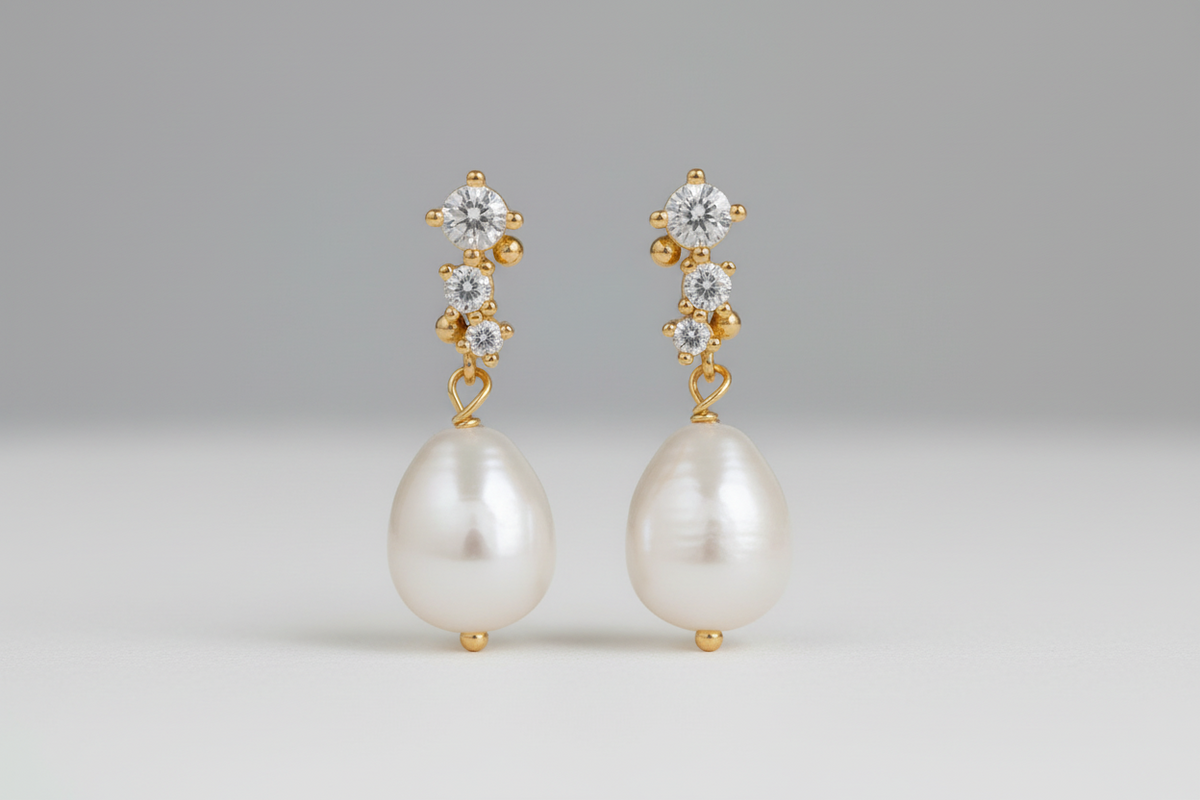 Pearl diamond drop earrings in gold and silver - minimalist bridal jewelry