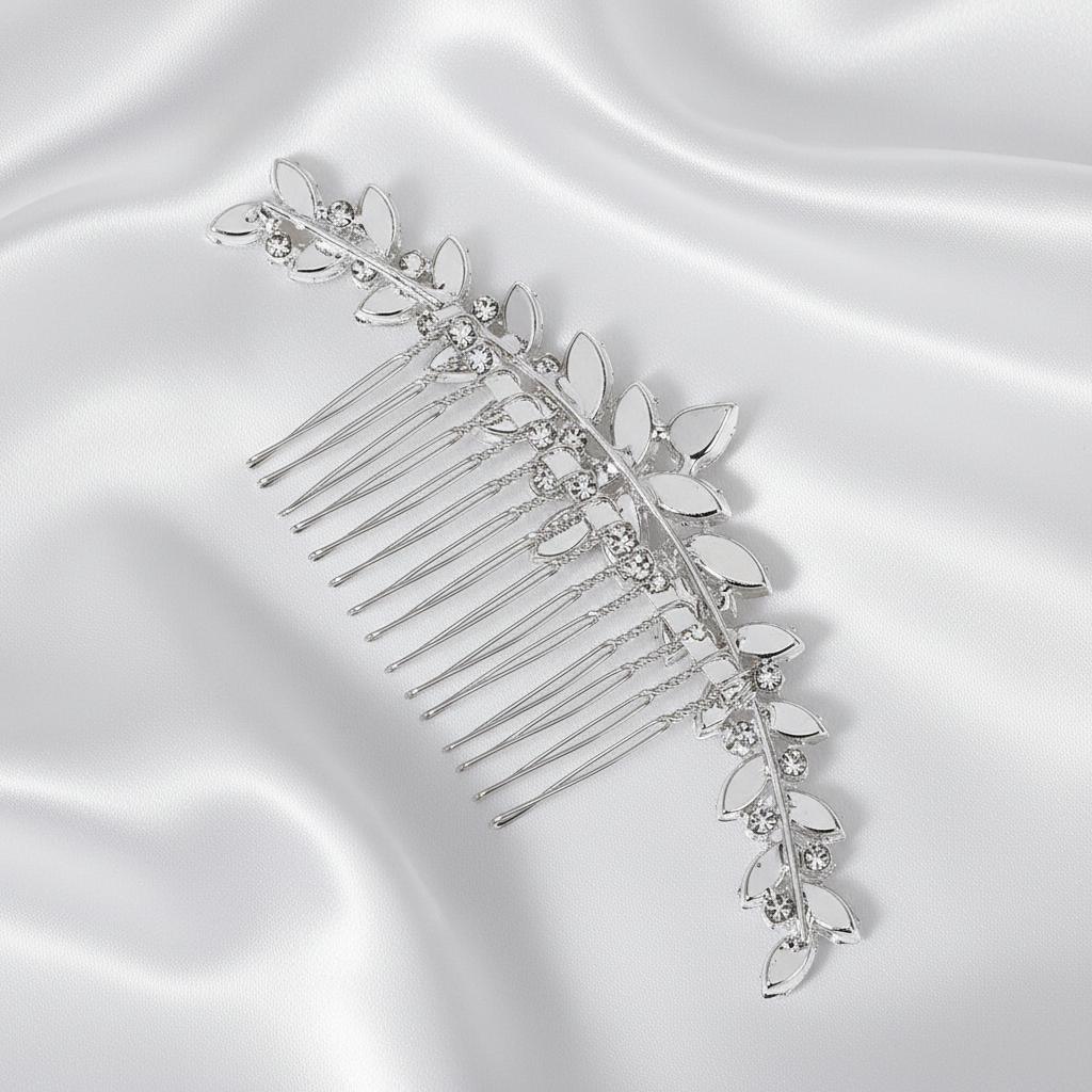 Back view of the silver metal bridal hair comb showing the construction