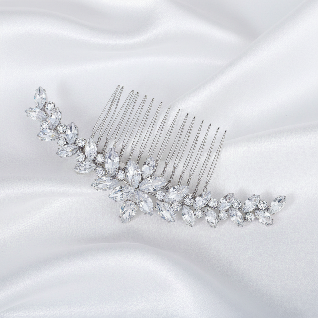 Side view of the crystal leaf bridal hair comb showing the twisted metal teeth