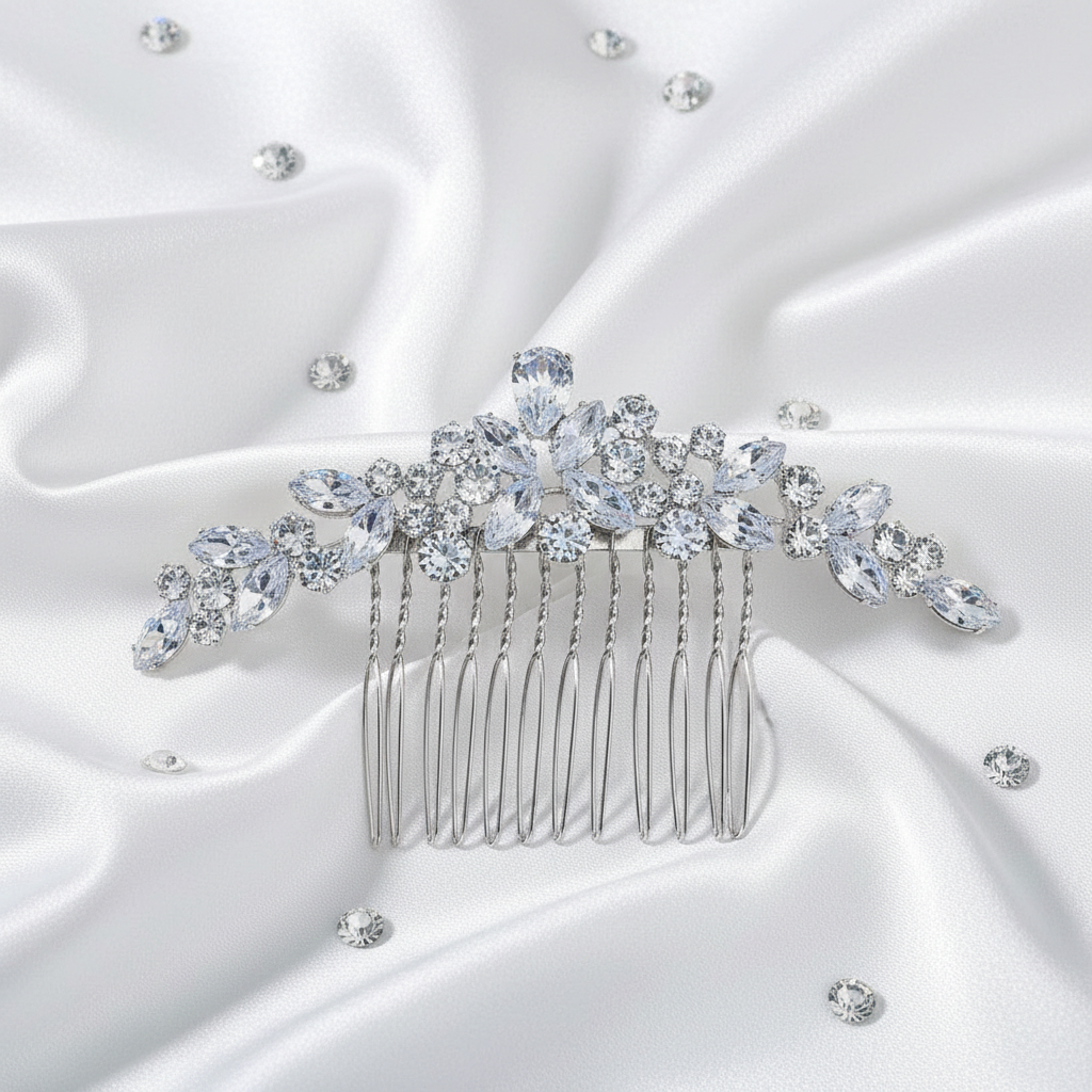 Front view of the sparkling rhinestone leaf hair comb on a blue surface