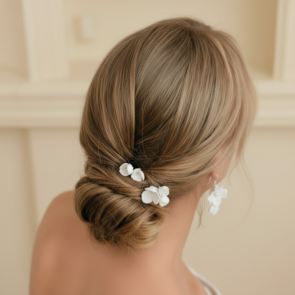 Side view of white ceramic flower drop earring with pearl centre and porcelain leaf — lightweight bridal earrings